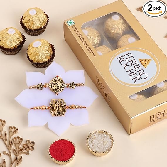 FlowerAura Handcrafted Rakhi Combo for Brother – Set of 2 Ram Darbar Rakhi With Pack of 8 Choco Rolls - Brother, Bhai, Cousins & Raksha Bandhan Gift