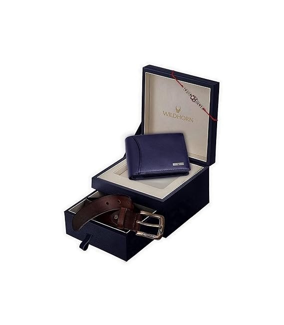 WildHorn Rakhi Gift Set for Brother - Premium Men's Combo | Gift Set of Leather Wallet & Belt & Rakhi with an Unique Slider Gift Box for Brother